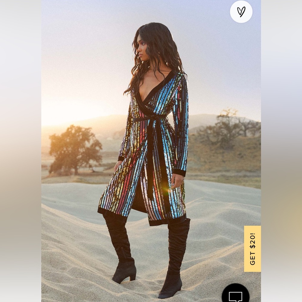 Lulu’s rainbow striped sequence wrap dress.